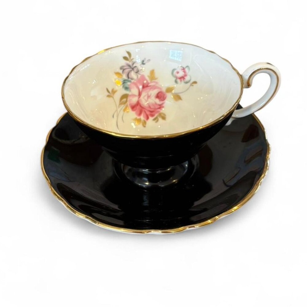 Vintage Staffordshire Fine‎ Bone China Black Gold Floral Teacup Tea Cup